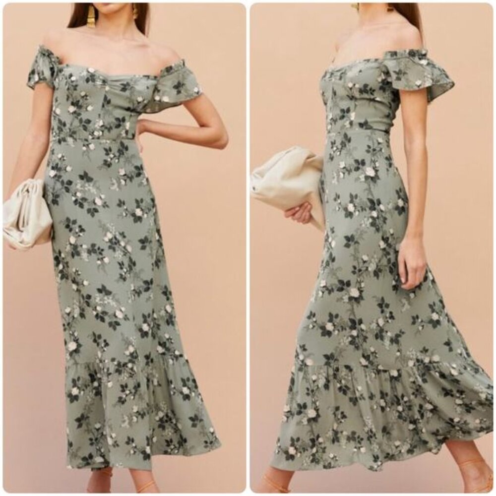 Reformation Butterfly Green Floral Midi Dress sz 10